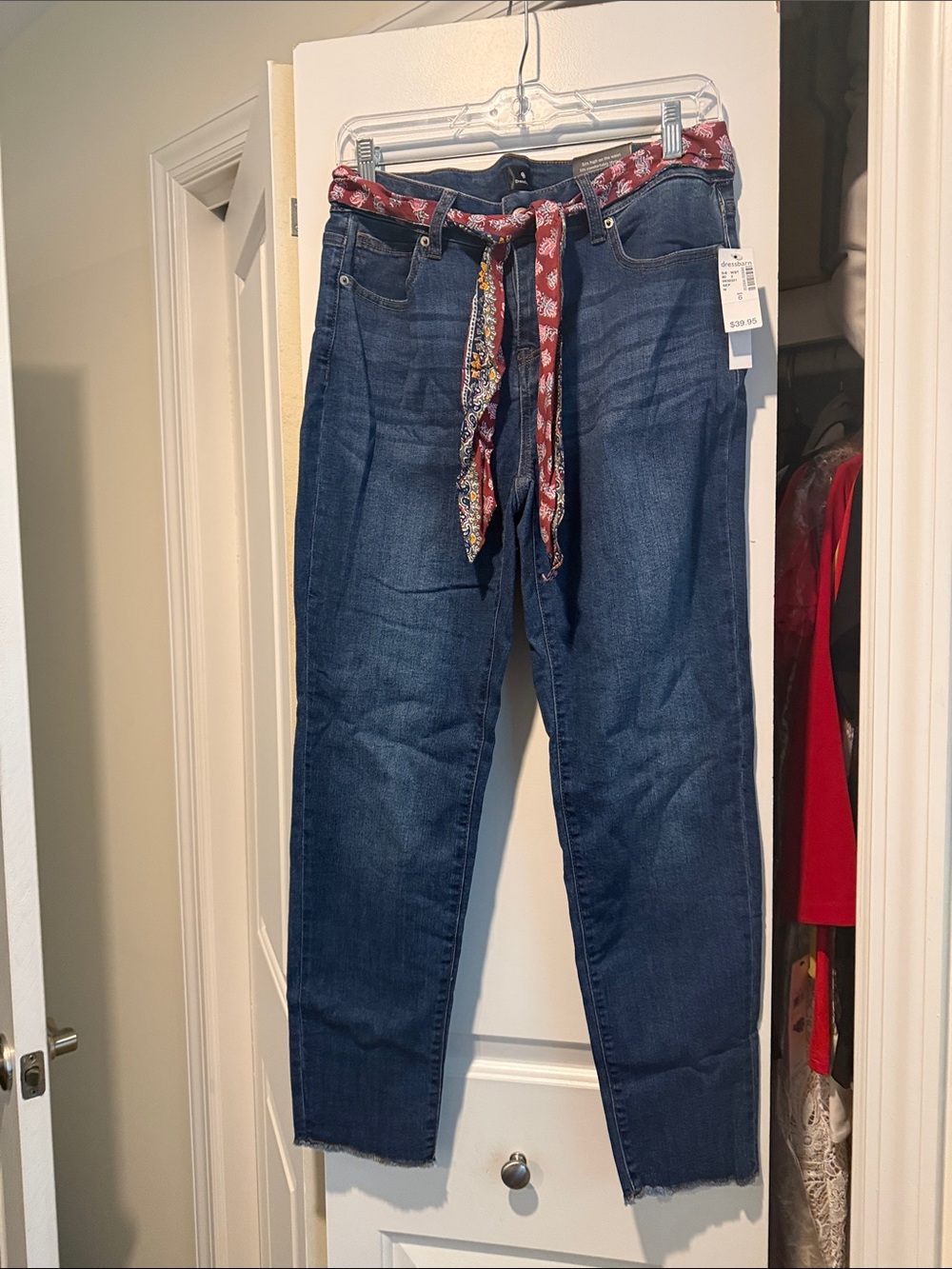 Dress Barn Dark Blue Boyfriend Jeans with Red Patterned Scarf Belt